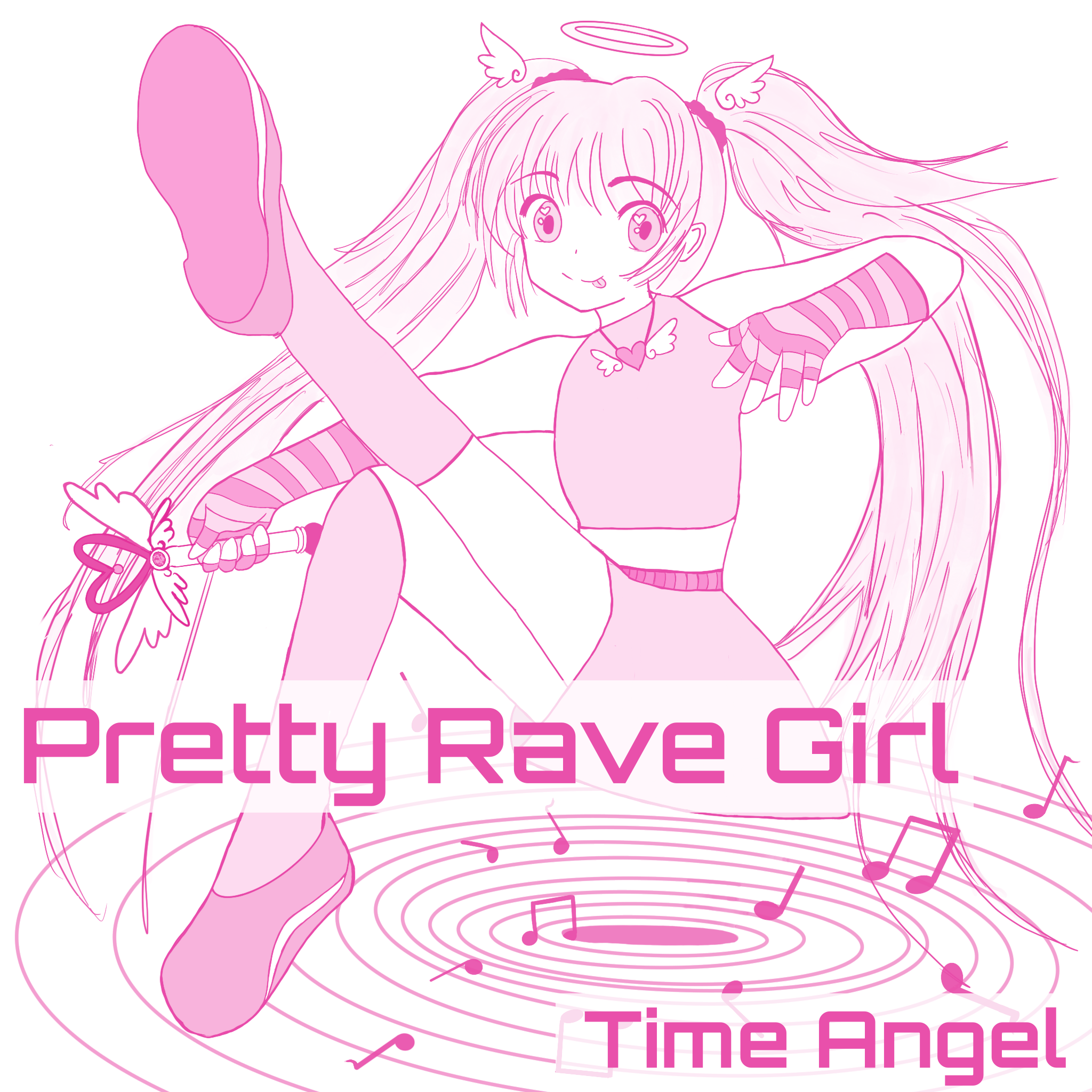 Album art for Pretty Rave Girl. There is a cute anime girl holding a magic stick and entranced by rave music.